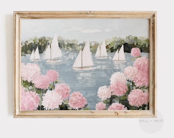 Hydrangeas & Sailboat Print | Vintage Style Pastel Pink Flowers | Coastal Cottagecore Decor | Ocean Seascape | Pink Apartment Art | P736