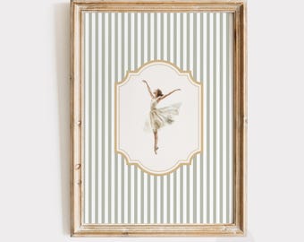 Ballerina Print | Sage Green Striped Art | Vintage Style Ballet Tutu Decor | Girl's Room Printable Art | Elegant French Nursery Art | P615