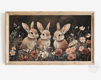 ムーディーバニーフレームTVアート | ヴィンテージスタイルの野花の絵画 | バーガンディ春花柄TVアート | ダークイースターバニースクリーンセーバー | TV424