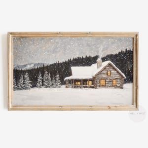 May include: A painting of a wooden cabin with snow on the roof and a snowy forest in the background. The cabin has a warm glow from the windows and a plume of smoke rising from the chimney.