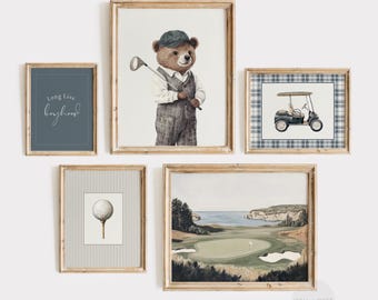 Juego de cinco láminas de golf / Arte de golf azul estilo vintage / Decoración infantil de oso golfista / Arte imprimible para habitación de niño azul marino / Galería deportiva / PS152