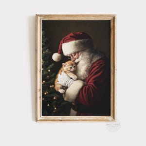 Stimmungsvoller Weihnachtsmann-Druck | Vintage-Stil Weihnachtsmann und Kätzchen Wandkunst | Klassische Feiertage Weihnachten druckbare Kunst | Dunkle Festliche Dekor | P378