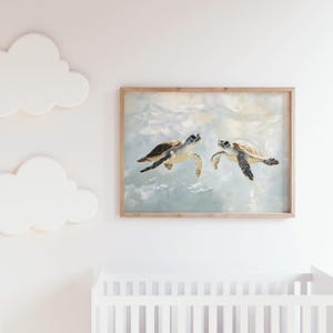 Sea Turtle Print | Pastel Blue Painting | Beach House Decor | Vintage Style Coastal Bathroom Wall Art | Boy Nursery Tropical Wall Art | P169 image 2