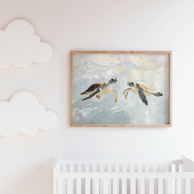 Sea Turtle Print | Pastel Blue Painting | Beach House Decor | Vintage Style Coastal Bathroom Wall Art | Boy Nursery Tropical Wall Art | P169 image 2