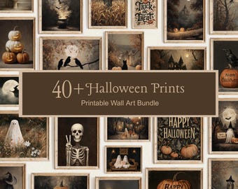 May include: A collection of 40+ Halloween prints featuring various spooky scenes including ghosts, pumpkins, skeletons, scarecrows, and haunted houses. The digital wall art bundle displays diverse dark, atmospheric imagery with text reading 40+ Halloween Prints Printable Wall Art Bundle.