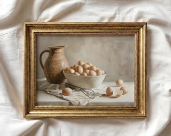 Country Kitchen Art Print | Eggs Oil Painting | Vintage Still Life Art | Kitchen Wall Decor | Neutral Cottagecore Printable Artwork | P160