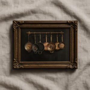 Stampa di cucina di campagna / Pittura a olio di pentole da cucina malinconiche / Natura morta d'epoca / Decorazione di cucina antica in stile rustico / P157