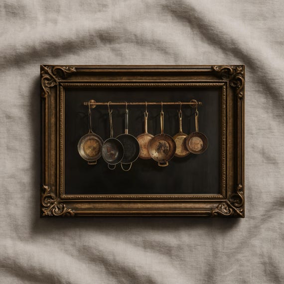 Country Kitchen Print | Moody Kitchen Pans Oil Painting | Vintage Still Life Art | Rustic Farmhouse Antique Kitchen Decor | P157