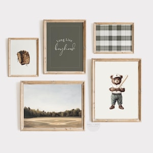Green Baseball Set of Five Prints | Vintage Style Baseball Art | Neutral Nursery Decor | Boys Room Printable Art | Sports Wall Art | PS136