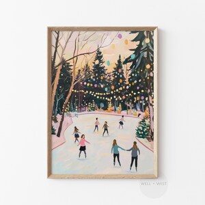 Pastel Ice Skating Print | Vintage Style Winter Landscape | Printable Pink Christmas | Seasonal Wall Art | Winter Whimsical Tree Art | P369 image 5