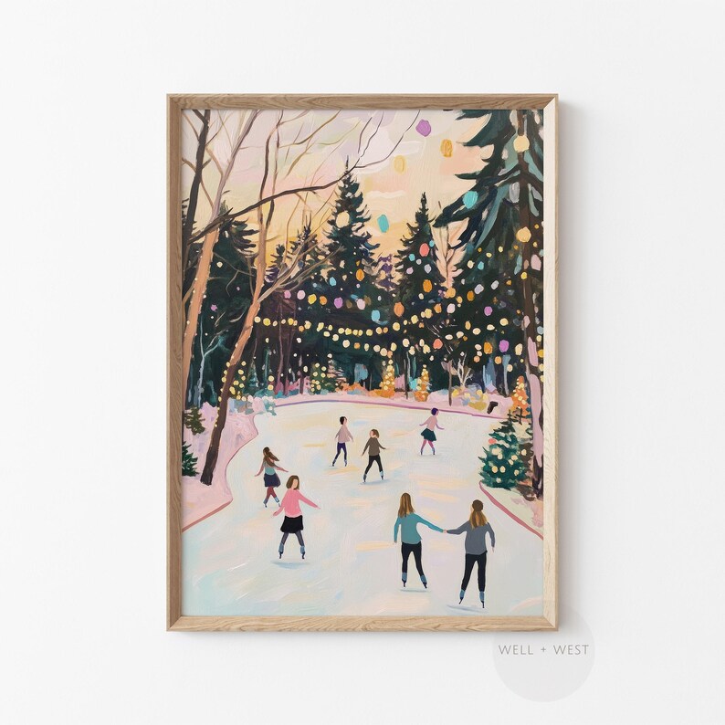 Pastel Ice Skating Print | Vintage Style Winter Landscape | Printable Pink Christmas | Seasonal Wall Art | Winter Whimsical Tree Art | P369 image 5