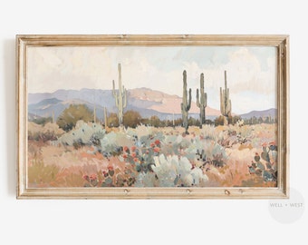 Samsung Frame TV Art Cactus Landscape | Summer Desert Wildflower Art | Boho Pastel Southwest Decor | Vintage Style Western Landscape | TV031