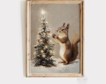 Winter Squirrel Print | Whimsical Christmas Tree Wall Art | Cozy Holiday Scene | Festive Acorn Ornaments Decor | Woodland Animal Art | P364