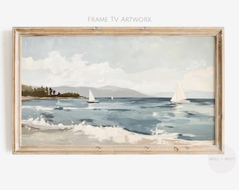Summer Sailboat Frame TV Art | Vintage Style Seascape Painting | Spring Lake House | Muted Neutral Coastal Decor | Beach House Art | TV517