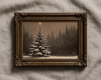 Dark Moody Forest Print | Snowy Pine Tree Oil Painting | Christmas Holiday Printable Wall Art | Vintage Style Festive Decor | P377
