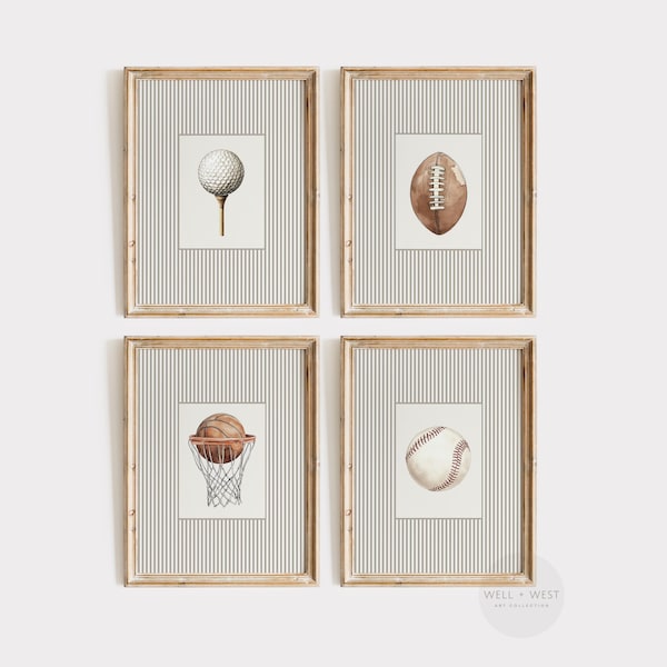 Set of Four Sports Ball Prints | Vintage Style Illustration | Baseball, Football, Golf, Basketball | Boys Room Printable Nursery Art | PS145
