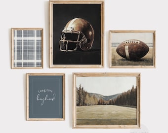 Ensemble de cinq oeuvres d'art bleu marine football | Tableaux de football de style vintage | Art bleu pour chambre de bébé | Art imprimable de la chambre des garçons | Sports Galerie d'art | PS135