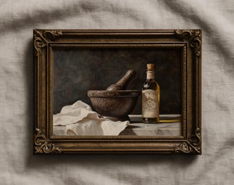 Impression de cuisine de mauvaise humeur | Peinture au mortier et au pilon | Art imprimable à l'huile d'olive | Décoration murale de cuisine de style vintage | Nature morte esthétique sombre | P437