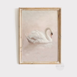 Impressão artística de cisne branco | Pintura suave de cisne | Arte em rosa pastel claro | Arte de parede para impressão em estilo vintage | Decoração de quarto de bebê para meninas | P130,5