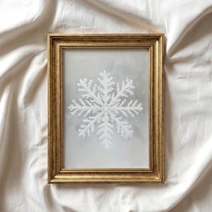 May include: A rectangular wall art piece featuring a white snowflake illustration centred on a soft grey background, encased in a decorative gold-toned frame with a beaded inner edge and a smooth, polished outer border finish.