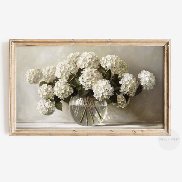 White Hydrangeas Frame TV Art | Vintage Style Floral Painting | Neutral Flower TV Artwork | Spring Still Life | Summer Cottage Decor | TV127