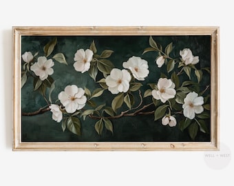 Sfeervolle tv-kunst met witte bloemen | Bloemenschilderij in vintage stijl | Donkergroen botanisch | Lentestilleven | Aards organisch zomerdecor | TV473