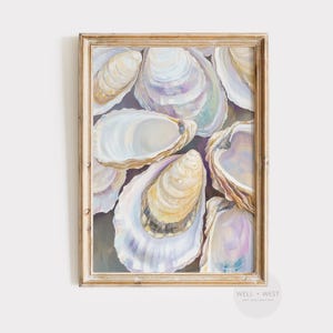 Dipinto di conchiglie di ostriche pastello / Arte murale di case sulla spiaggia / Cucina estiva stampabile / Decorazione per il bagno / Arte vintage per la sala da pranzo / P167