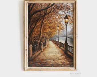 Vintage Fall Print | Autumn City Landscape Painting | Moody Rustic Autumn Art | Thanksgiving Decor | Fall Cityscape Print | P262