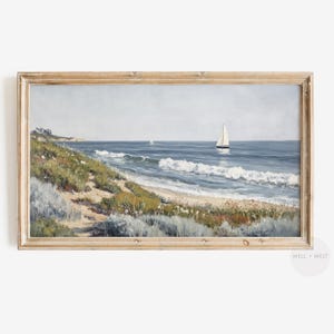 Summer Sailboat Frame TV Art Sailboat | Vintage Style Coastal Painting | Wildflower TV Art | Beach House Decor | Nautical Ocean Art | TV417