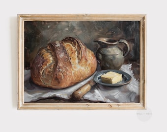 Country Kitchen Art Print | Moody Sourdough Bread Painting | Vintage Still Life Art | Kitchen Wall Decor | Printable Download | P125