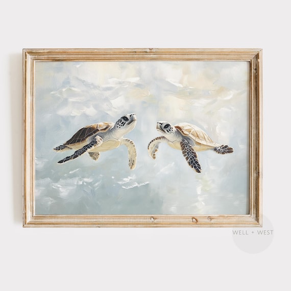 Sea Turtle Print | Pastel Blue Painting | Beach House Decor | Vintage Style Coastal Bathroom Wall Art | Boy Nursery Tropical Wall Art | P169