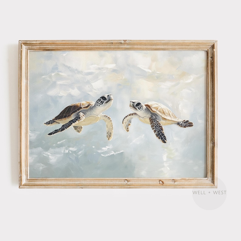 Sea Turtle Print | Pastel Blue Painting | Beach House Decor | Vintage Style Coastal Bathroom Wall Art | Boy Nursery Tropical Wall Art | P169 image 1
