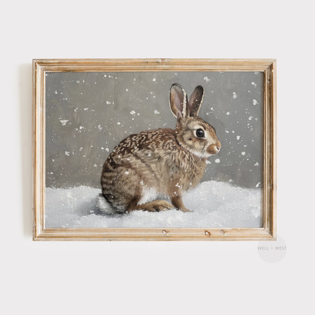 Painted Winter Rabbit Vintage Winter Rabbit Print | Bunny Oil Painting | Snowy Scene Country ...