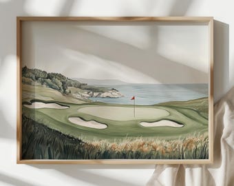 ゴルフコースのプリント | 海岸沿いのゴルフコースの水彩画 | 落ち着い
