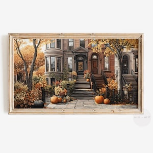 Art déco automne douillet pour téléviseur | Peinture à l'huile de maison en grès brun de style vintage | Art pour la télévision de Thanksgiving dans le quartier d'automne | Décoration d'automne neutre | TV324