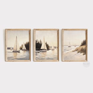 Segelbåtar, set med tre tryck | Vintagestil, solnedgång och havslandskap | Kustseglingstriptyk | Cottagecore-dekor | Nautiskt strandhus | PS164
