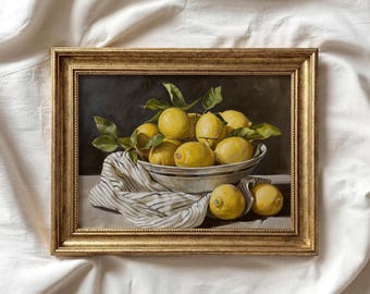 Moody Lemons, peinture vintage nature morte de fruits | Décoration murale cuisine champêtre | Peinture à l'huile antique | Citron imprimable en téléchargement numérique | P071