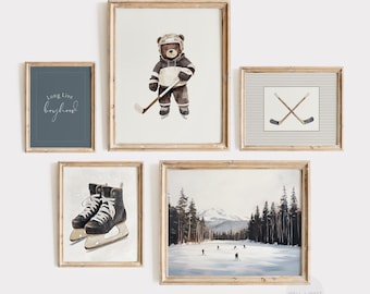 Hockey Art Set of Five | Vintage Style Hockey Paintings | Navy Nursery Art | Boys Room Printable | Teddy Bear Art | Sports Gallery | PS142