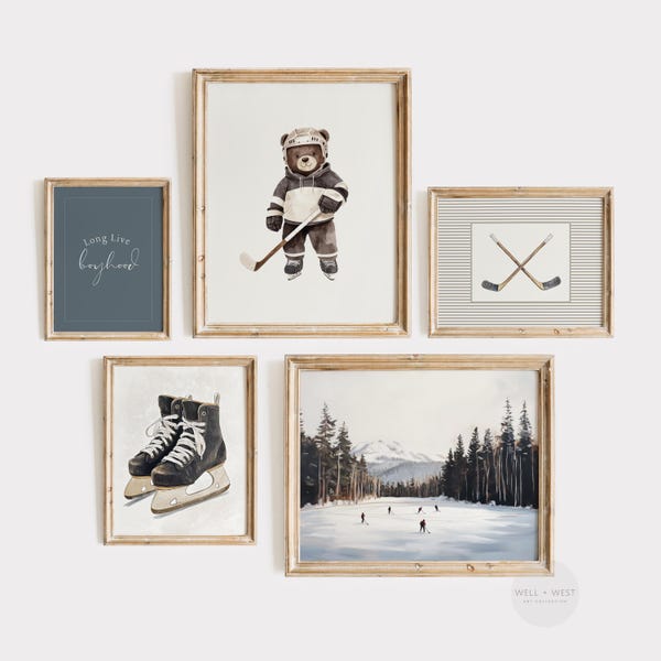 Hockey Art Set of Five | Vintage Style Hockey Paintings | Navy Nursery Art | Boys Room Printable | Teddy Bear Art | Sports Gallery | PS142