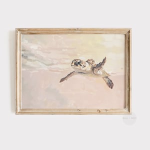 Sea Turtle Print | Pastel Pink Painting | Beach House Decor | Vintage Style Coastal Bathroom Art | Girl Nursery Art Tropical Wall Art | P172