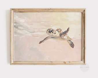 Sea Turtle Print | Pastel Pink Painting | Beach House Decor | Vintage Style Coastal Bathroom Art | Girl Nursery Art Tropical Wall Art | P172