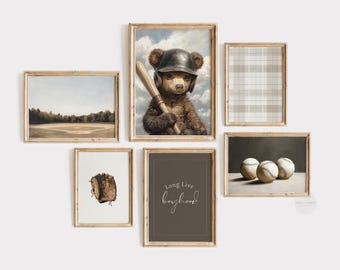 Honkbalkunstset van zes prints | Vintage honkbalkunst aan de muur | Neutrale kinderkamerdecoratie | Afdrukbare kunst jongenskamer | Sportieve woondecoratie | PS17