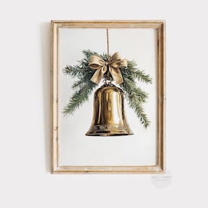 Christmas Jingle Bell Print | Vintage Style Brass Bells Wall Art | Holiday Seasonal Printable Art | Neutral Winter Xmas Decor | P371