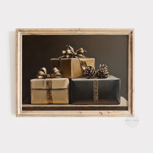 Stimmungsvolle Weihnachtsgeschenke Poster | Dunkle Geschenke Ölgemälde | Weihnachten Urlaub druckbare Kunst | Neutrales festliches Dekor im Vintage-Stil | P380
