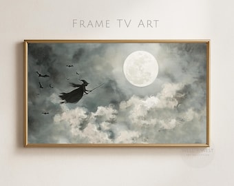 Halloween Frame TV Art | Vintage Witch On Broomstick Oil Painting | Spooky Full Moon Art | Samsung Frame TV Art | Dark Witchy Decor | TV227