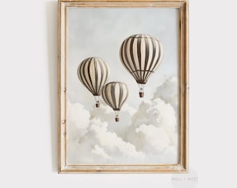 Nadruk z balonem | Trzy balony na ogrzane powietrze | Wystrój pokoju dziecięcego w stylu vintage | Neutralna sztuka w stylu antycznym dla małego chłopca | Wystrój pokoju dziecięcego | 120 zł