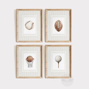 Lot de quatre impressions boule à carreaux | Illustrations sportives de style vintage | Baseball, football, golf, basket-ball | Art imprimable de la chambre des garçons | PS157