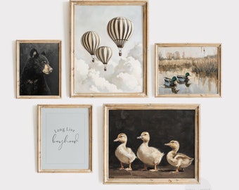 Vintage kinderkamerset van vijf | Olieverfschilderij in neutrale kleuren | Dierenprints jongenskamer | Kinderkamerdecoratie | Antieke speelkamer muurkunst | PS07