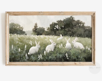 Arte de TV con marco Samsung de conejo de primavera / Pintura de paisaje de flores silvestres de Pascua / Decoración de estilo rústico vintage / Arte de TV para guardería / TV096