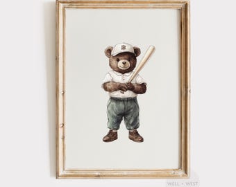 Honkbalbeerprint | Vintage honkbalteddy | Afdrukbare kunst jongenskamer | Sportkantoordecoratie | Kinderkamerkunst | Cadeau sportliefhebber | P460